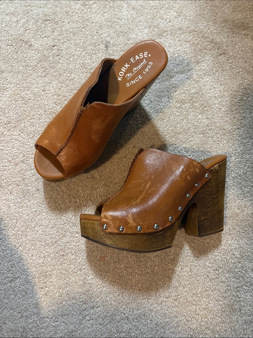 Kork-Ease Cognac Leather Studded Peep-Toe Platform Mules